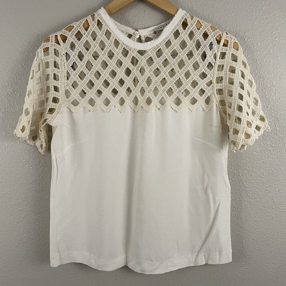 Sandro Paris Womens 2 Ivory Lattice Yoke Short Sleeve Blouse